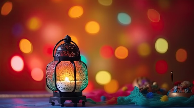 A lit lantern with a colorful bokeh background
