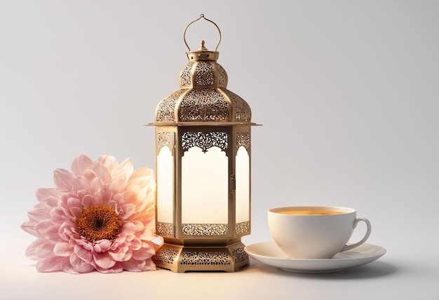 テーブルの上に茶と花のカップで点灯したランタン