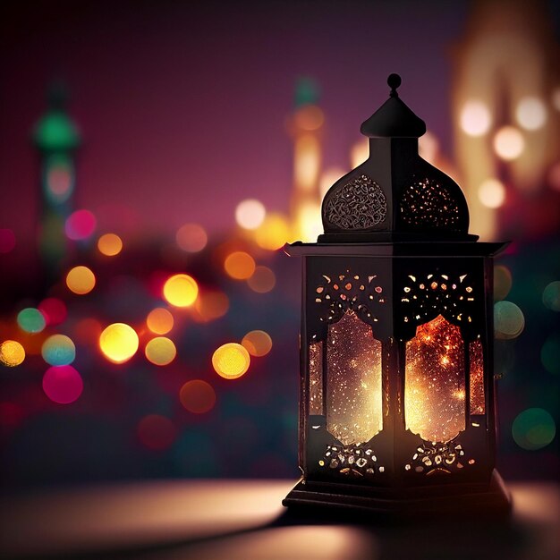 A lit lantern with the lights in the background