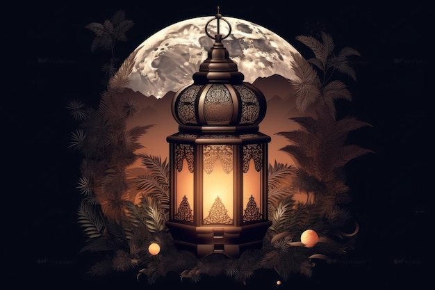 A lit lantern with the moon behind it