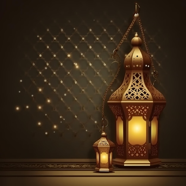 A lit lantern with the word ramadan on it