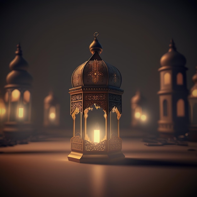 A lit lantern with the word ramadan on it