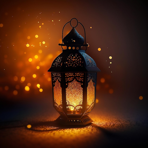 Photo a lit lantern with the word ramadan on it