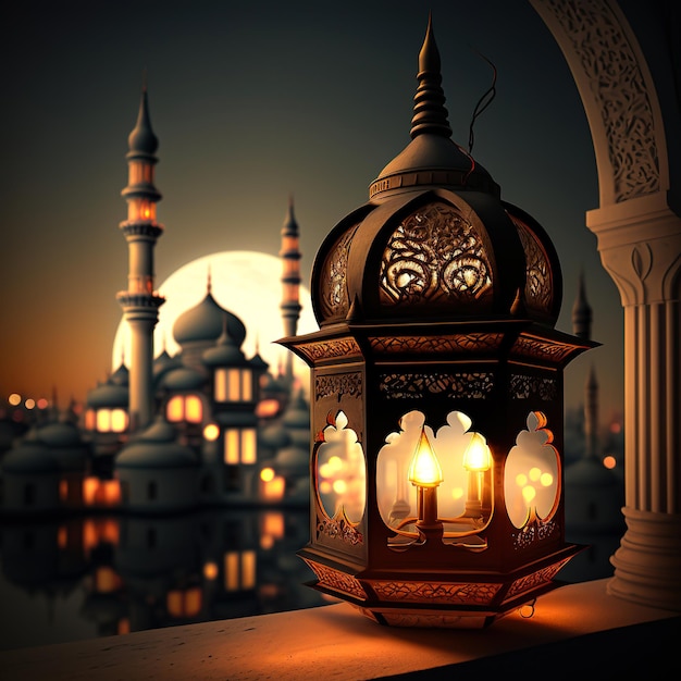 Зажженный фонарь со словами Ид аль-Фитр на нем
