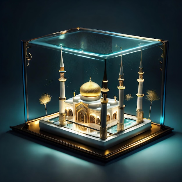 A lit model of a mosque with a blue background.