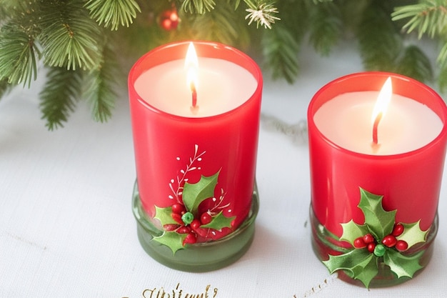 Lit red candles with decorated Christmas tree on background with copy space