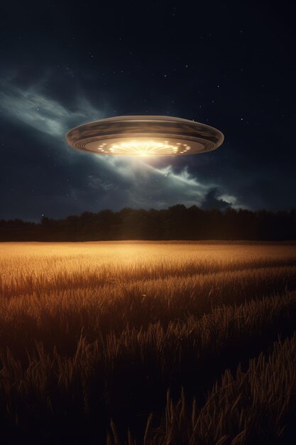 생성 인공지능 기술을 사용하여 만들어진 밤에 필드 위에 떠다니는 Lit ufo