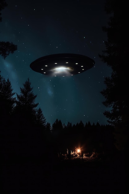 Lit ufo hovering above fireplace in field at night created using generative ai technology