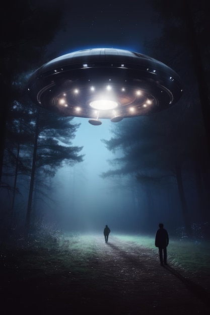 Lit ufo hovering above people in field at night created using generative ai technology