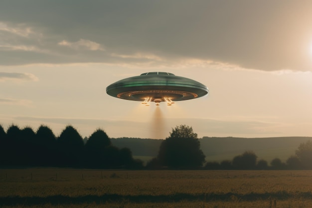 Lit ufo zwevend boven het veld gemaakt met behulp van generatieve AI-technologie