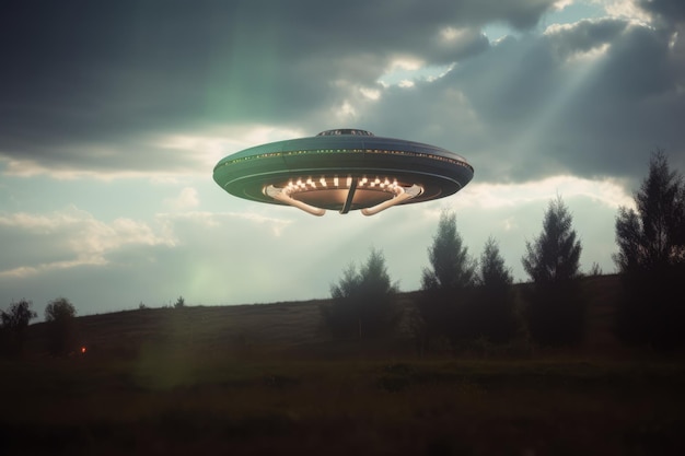 Lit ufo zwevend boven het veld gemaakt met behulp van generatieve AI-technologie