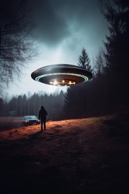 Lit ufo zwevend boven vrouw in het veld's nachts gemaakt met behulp van generatieve AI-technologie