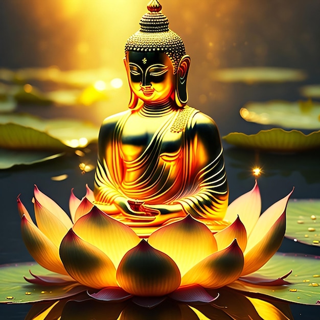 A lit up buddha sits in a lotus flower with the words " buddha " on it.