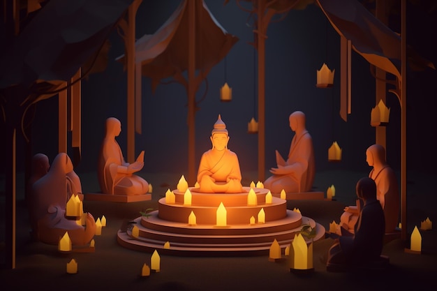 A lit up buddha surrounded by candles in a dark room.