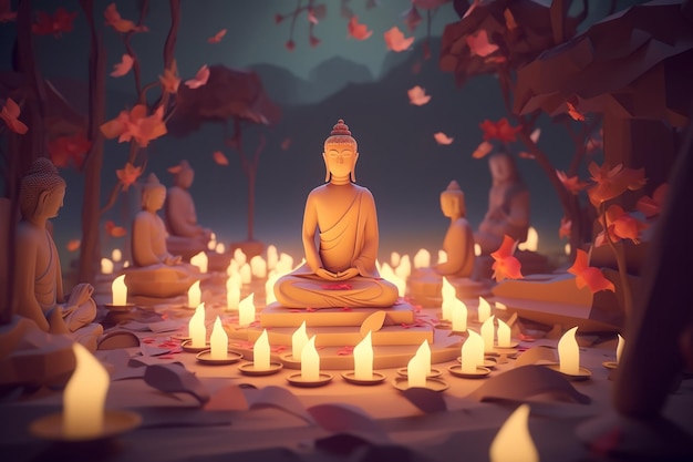 A lit up buddha surrounded by candles with leaves falling on them.
