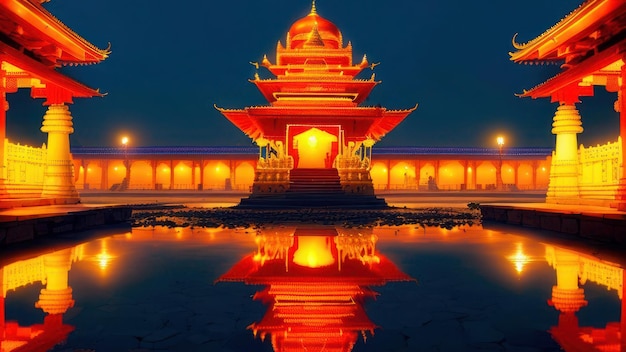 A lit up building with a red structure in the middle.