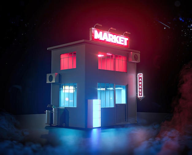 A lit up building with a sign that says market.