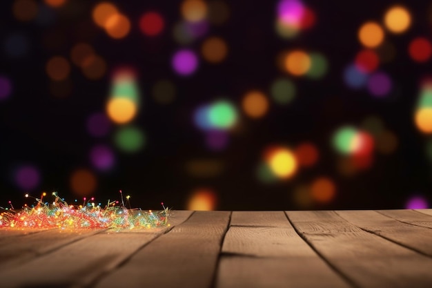 A lit up christmas decoration on a wooden table with a colorful lights in the background