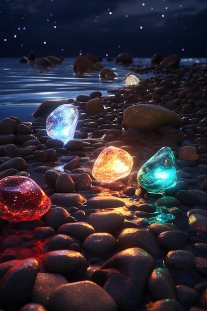 A lit up colorful glass pebbles are lit up by the lights of the night sky.