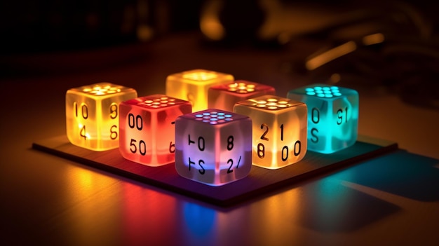 A lit up dice with the numbers 9, 8, 8, and 9 are lit up in a dark room.