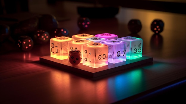 A lit up dice with numbers and numbers on it