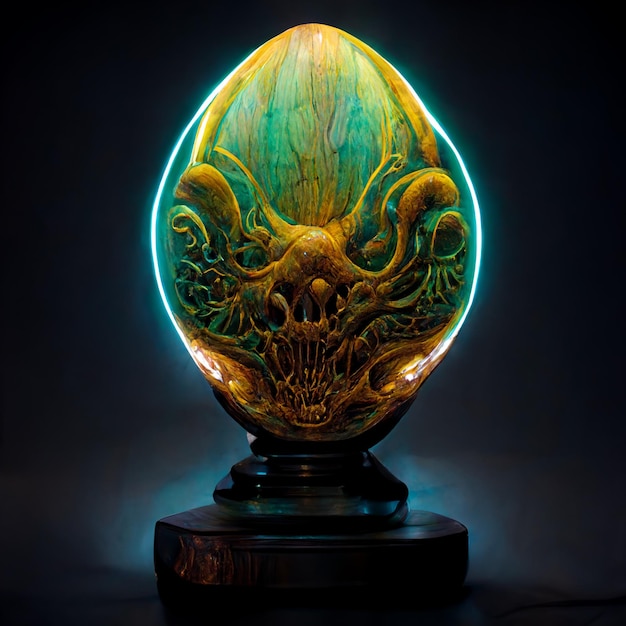 A lit up egg with the word doom on it