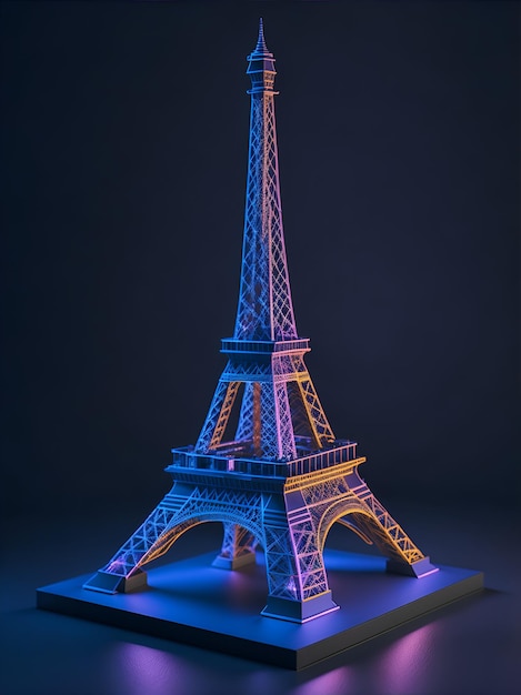 A lit up eiffel tower with a blue background.