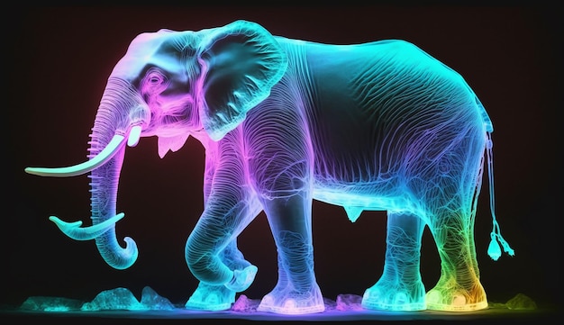 A lit up elephant with a tusk that says'elephant'on it