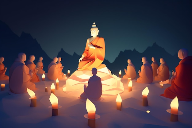 A lit up image of a buddha surrounded by candles.