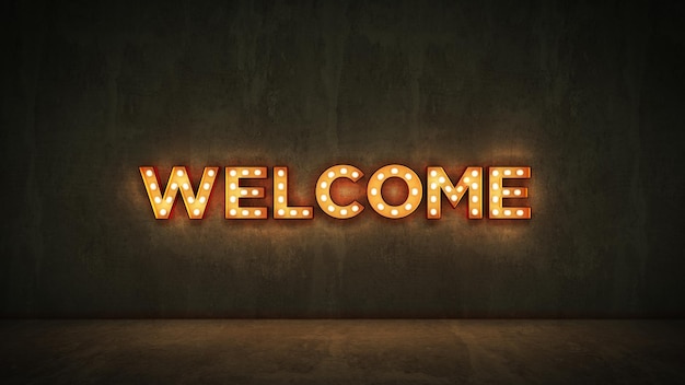 A lit up light up sign that says welcome.