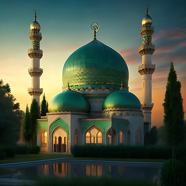 A lit up model of a mosque with a green dome