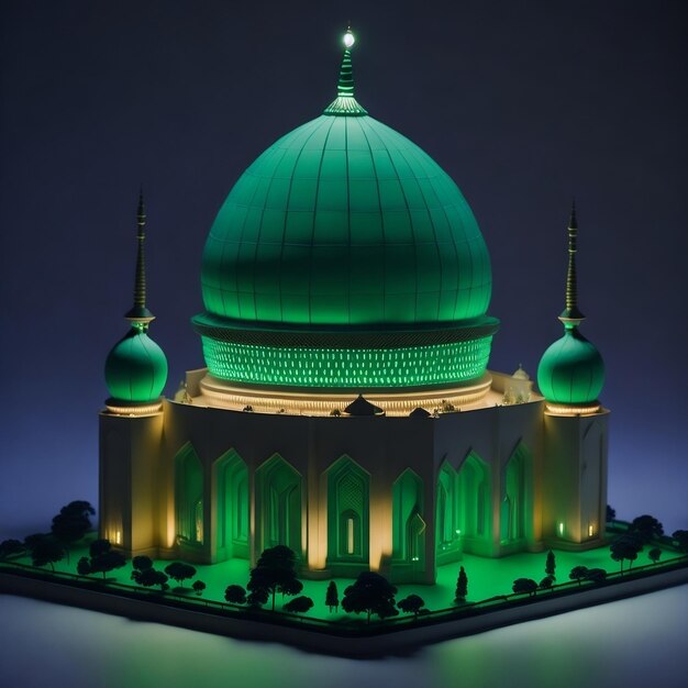 A lit up model of a mosque with a green dome