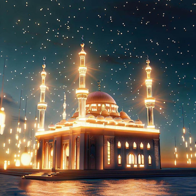 A lit up mosque on Eid with lights on the top of it