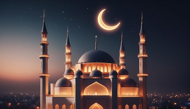 A lit up mosque with a crescent moon on the top