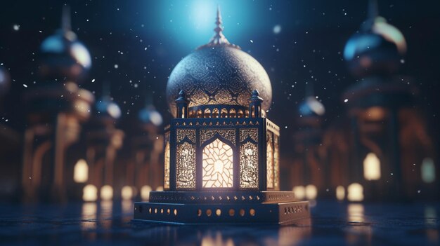 A lit up mosque with a dome in the middle.