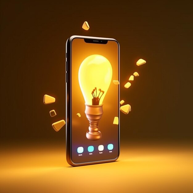 Photo a lit up phone with a lightbulb on the screen