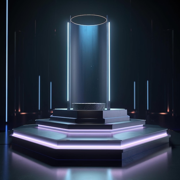 A lit up podium with a glass container in the middle of it.