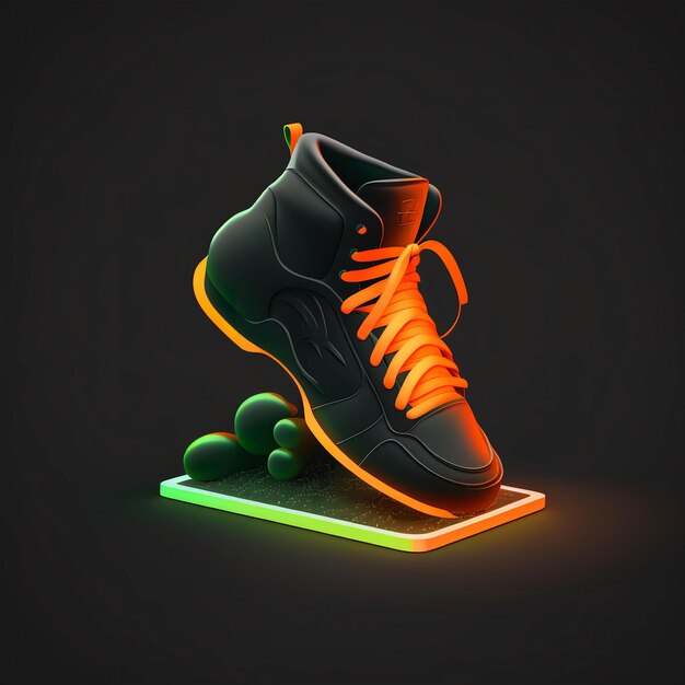 Photo a lit up shoe with orange laces is on a phone.