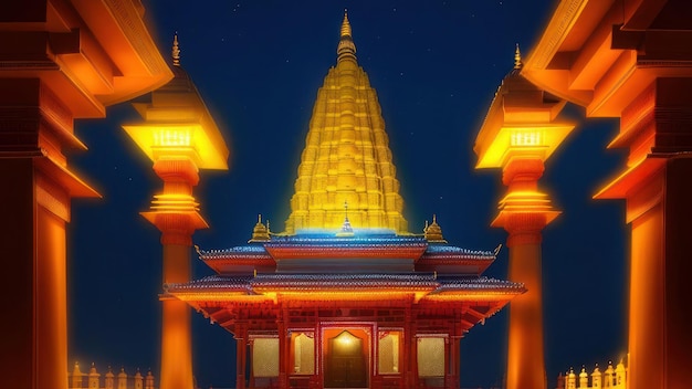 Photo a lit up temple with the words 