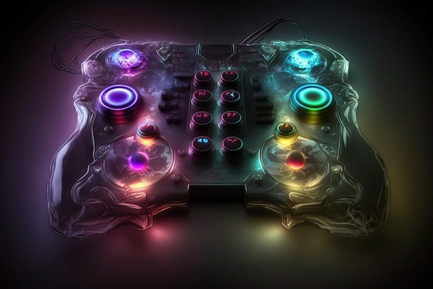 A lit up video game controller with the word dj on the bottom.