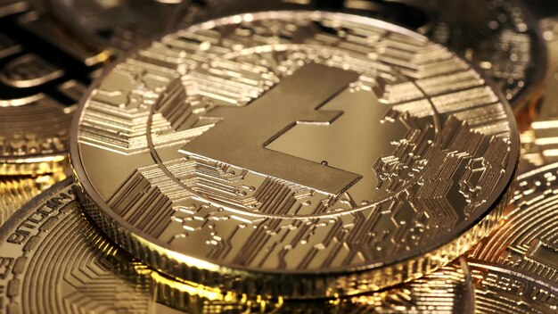 Litecoin LTC coin on bitcoins background, cryptocurrency investing concept