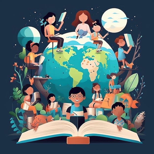 Literacy Day with People celebrate Literacy Day by reading books on the Earth flat vector illustration illustration vector isolated on white background Generative by AI