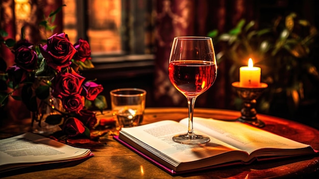 A Literary Evening Still Life with Glass Rose and Book