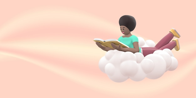 Literature fan a young african girl in the sky on a cloud is reading a book.