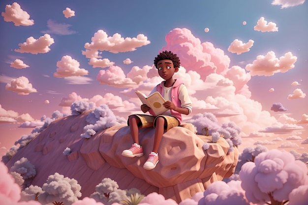 Любитель литературы молодой африканский парень в небе на облаке читает книгу смешные абстрактные мультфильмы люди на розовом фоне