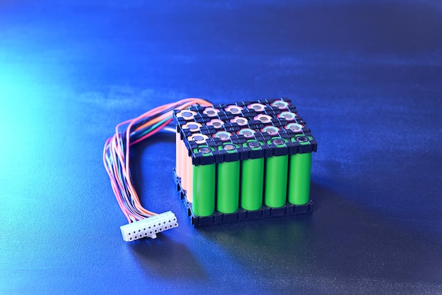 Lithium battery pack in black plastic holder in blue light.