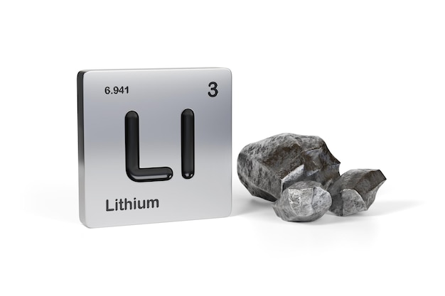Lithium element symbol from the periodic table near metallic lithium isolated on white background 3d illustration