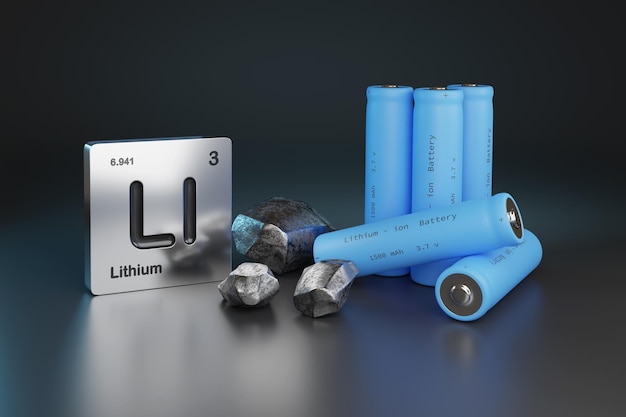 Литий-ионные батареи металлический литий и символ элемента 3d иллюстрация