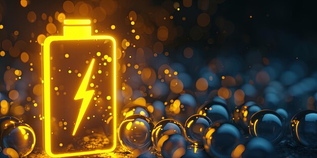 Lithium-ion batterij met een bliksem bol Icon bubbels verlicht met neon geel licht batterij