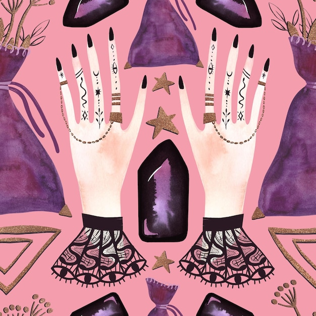 Lithomancy the ritual of divination with crystals witch seamless pattern with female hands